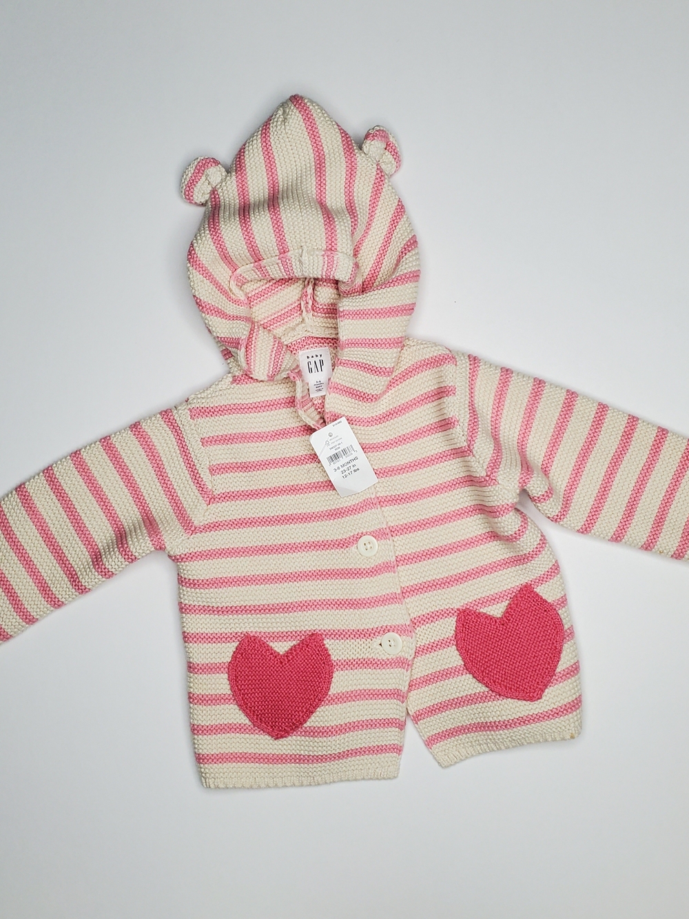 GAP Pink & Cream Striped Hooded Cardigan with Ears & Heart Pockets